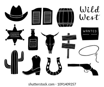 Set of hand drawn Wild West elements isolated on white background.