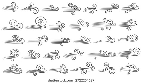 Conjunto de ícones de vento desenhado à mão e espiral de nuvens representando a brisa e o movimento do ar em um estilo de ilustração gravado para aplicativos meteorológicos.