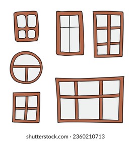 Establecer ventanas dibujadas a mano. Ilustración del doodle. La relajante terapia artística. Elementos simples aislados en fondo blanco