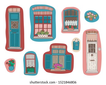 Set of hand drawn windows and doors.