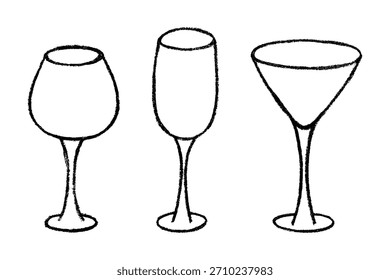 Set of hand drawn wine and champagne glasses Alcohol drink clipart in doodle style Single element for print, web, design, decor Happy New Year