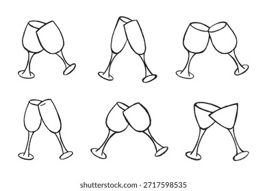 Conjunto de copas de vino y champán dibujadas a mano Clipart de bebidas alcohólicas en estilo doodle Elemento único para impresión, Web, diseño, decoración Feliz año Nuevo