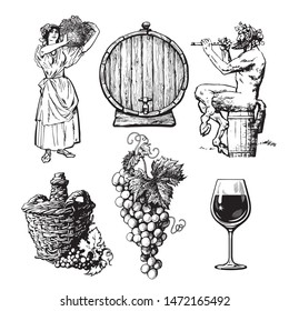 Set of hand drawn wine design elements. Beautiful peasant woman carrying basket, bunch of grapes, Satyr bottle demijohn barrel glass of wine. Vector vintage illustration isolated on white background