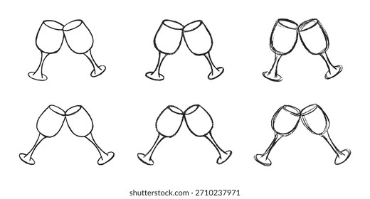 Set of hand drawn wine glasses clinking together Alcohol drink clipart in doodle style Single element for print, web, design, decor Happy New Year