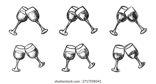 Conjunto de copas de vino dibujadas a mano tintineando juntos Clipart de bebidas alcohólicas en estilo doodle Elemento único para impresión, Web, diseño, decoración Feliz año Nuevo