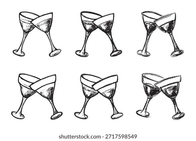 Conjunto de copas de vino dibujadas a mano tintineando juntos Clipart de bebidas alcohólicas en estilo doodle Elemento único para impresión, Web, diseño, decoración Feliz año Nuevo