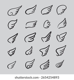 Set of Hand Drawn Wing Icons Angel and Bird Wing Sketch Collection