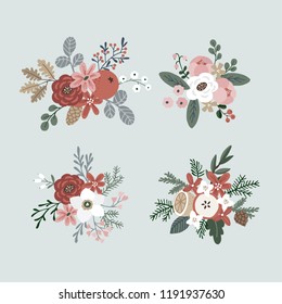 Set of hand drawn winter bouquets made of evergreen branches, leaves, berries, fruit and flowers. Christmas floral composition. Isolated vector objects.
