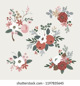 Set of hand drawn winter bouquets made of evergreen branches, leaves, berries, fruit and flowers. Christmas floral composition. Isolated vector objects.