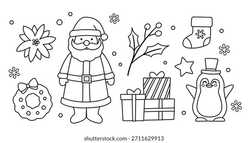 Set of Hand drawn winter christmas outline, children's coloring pages and templates for kids.
Collection of cute Santa Claus, penguin, poinsettia, wreath, red berries, holly, gift box, Christmas stock