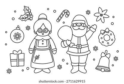 Conjunto de Mão desenhou contorno de Natal de inverno, páginas de coloração das crianças e modelos para crianças.
Coleção de Papai Noel bonito, Sra Claus, ornamento, poinsettia, coroa, bagas vermelhas, azevinho, caixa de presente.