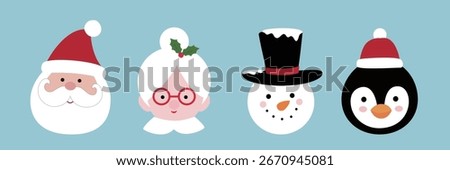 Set of Hand drawn winter Christmas characters head flat stock vector illustration.
Collection of  Santa Claus, Mrs. Claus, snowman, penguin.
Design for greeting card, poster, invitation.

