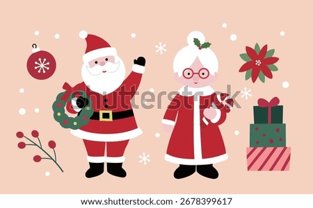Set of Hand drawn winter Christmas element flat vector illustration.
Collection of cute Santa Claus, Mrs. Claus, ornament, poinsettia, wreath, red berries, holly, gift box, candy canes, snowflakes.
