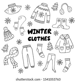 Set of hand drawn winter clothes. Black and white sketch