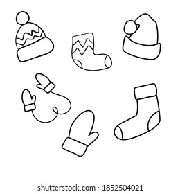 Set of hand drawn winter clothes and accessories hat, mittens, socks, santa claus hat. Doodle style sketch for kids, Christmas design. Isolated vector illustrations.