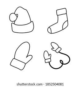 Set of hand drawn winter clothes and accessories hat, mittens, socks, santa claus hat. Doodle style sketch for kids, Christmas design. Isolated vector illustrations.