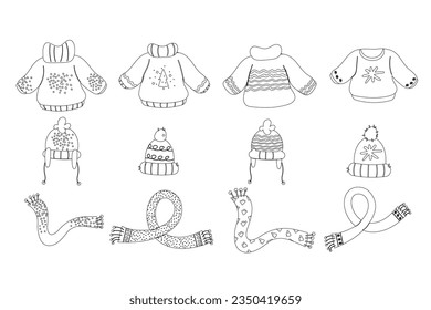 Set of hand drawn winter clothes outline. Sweater, hat, scarf