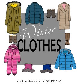Set of hand drawn winter clothes and footwear: jacket, coat, overall, parka in color on the grey background. Isolated and layered vector illustration