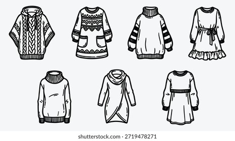Conjunto de artículos de ropa de invierno dibujados a mano con diferentes diseños y patrones