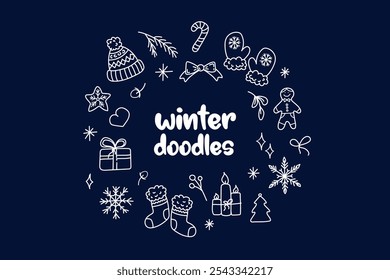 Set of hand drawn winter doodle elements in white on dark background.