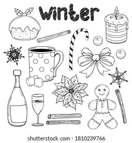 Set of hand drawn winter elements. Christmas traditional objects. Vector illustration. Black and white. Isolated on white. Object for packaging, advertisements, menu.