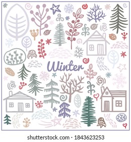 Set of hand drawn winter forest elements. Christmas design. Colors Illustration with houses, winter forest, snowflakes, drifts, pines, trees, cones, berry, bushes, stars. Isolated on white background.