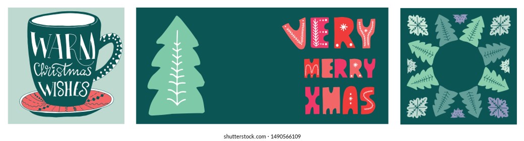 Set of hand drawn winter holiday posters templates, postcard design. Vector element. Lettering Warm Christmas wishes, Very merry xmas.