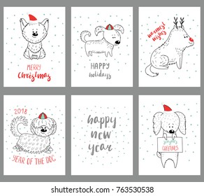 Set of hand drawn winter holidays greeting cards templates with cute funny cartoon dogs in hats, typography. Vector illustration. Design concept for children, Christmas, New Year.