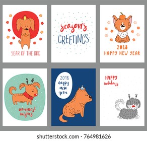 Set of hand drawn winter holidays greeting cards templates with cute funny cartoon dogs in hats, typography. Vector illustration. Design concept for children, Christmas, New Year.