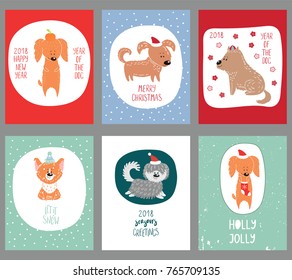 Set of hand drawn winter holidays greeting cards templates with cute funny cartoon dogs in hats, typography. Vector illustration. Design concept for children, Christmas, New Year.