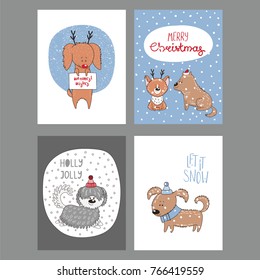 Set of hand drawn winter holidays greeting cards templates with cute funny cartoon dogs in hats, typography. Vector illustration. Design concept for children, Christmas, New Year.