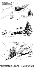 Set of  hand drawn winter landscape. Elements isolated on white background. Winter holidays and Celebrations concept. Black and white sketch with line art.