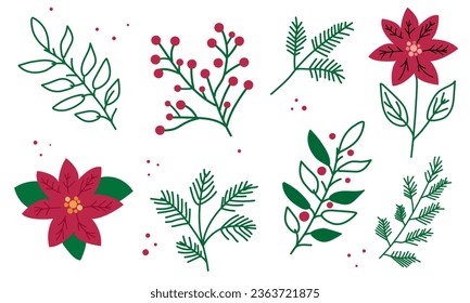 Set of hand drawn winter plants. Rowan berries, mistletoe leaves, pine, berry branch, holly berries. Holiday decoration