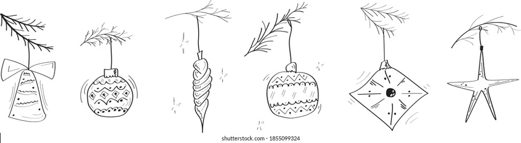 Set of hand drawn winter toys for fir and christmas tree, design element for Christmas and New year web design doodle illustration.