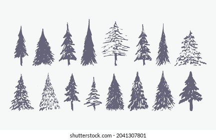 set of hand drawn winter trees (vector sketched isolated spruce)