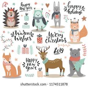 Set Of Hand Drawn Winter Woodland Animals And Christmas Lettering And Other Design Elements