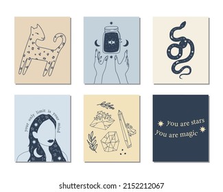 Set of hand drawn witchcraft items and mythical elements in boho, aztec style. Modern, trendy colors, minimalism art.