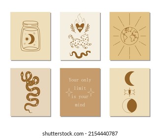 Set of hand drawn witchcraft items and mythical elements in boho, aztec style. Modern, trendy colors, minimalism art, vector illustration.