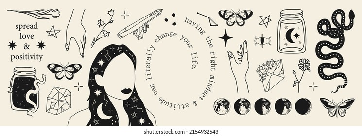 Set of hand drawn witchcraft items and mythical elements in boho, aztec style. Modern, trendy colors, minimalism art, vector illustration.