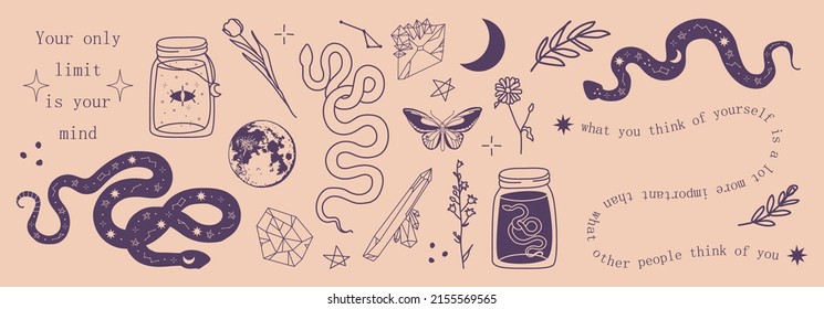 Set of hand drawn witchcraft items and mythical elements in boho, aztec style. Modern, trendy colors, minimalism art, vector illustration.