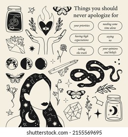 Set of hand drawn witchcraft items and mythical elements in boho, aztec style. Modern, trendy colors, minimalism art, vector illustration.