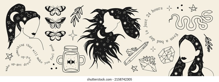 Set of hand drawn witchcraft items and mythical elements in boho, aztec style. Modern, trendy colors, minimalism art, vector illustration.