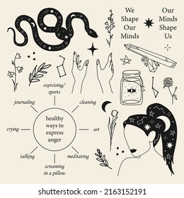 Set of hand drawn witchcraft items and mythical elements in boho, aztec style. Modern, trendy colors, minimalism art, vector illustration.