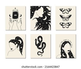 Set of hand drawn witchcraft items and mythical elements in boho, aztec style. Modern, trendy colors, minimalism art.