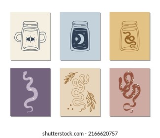 Set of hand drawn witchcraft items and mythical elements in boho, aztec style. Modern, trendy colors, minimalism art.