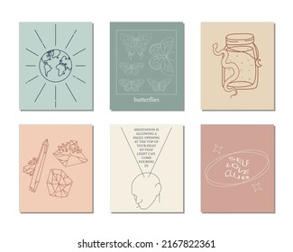Set of hand drawn witchcraft items and mythical elements in boho, aztec style. Modern, trendy colors, minimalism art.