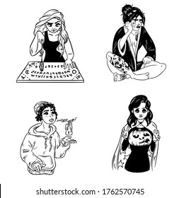 Set of hand drawn witches. Collection of black and white outline images of young magical females. Ouija board and pendulum divination, Halloween or Samhain carved pumpkin. Vector art svg