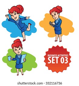 Set of hand drawn woman character doing various business activities