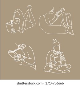 
Set of hand drawn woman reading book in many pose. Vector illustration. Line and doodle style