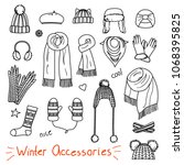 Set of hand drawn women accessories. Winter hats, scarfs, mittens and socks. Fashion collection. Black and white doodle illustration.